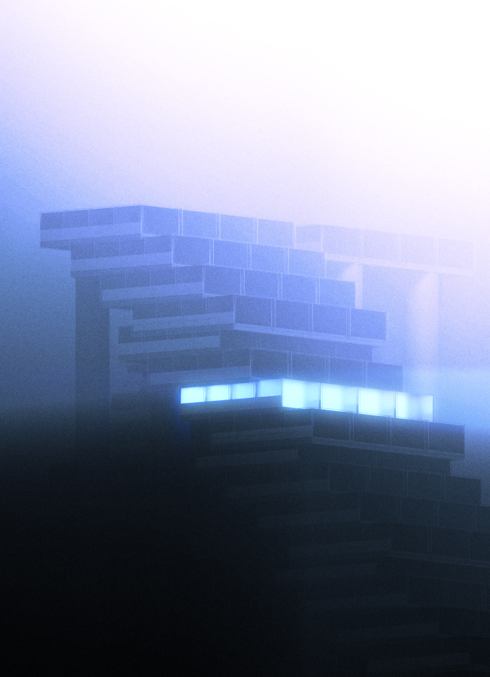A staggered building emerging from blue-white fog, one row of windows glowing cyan