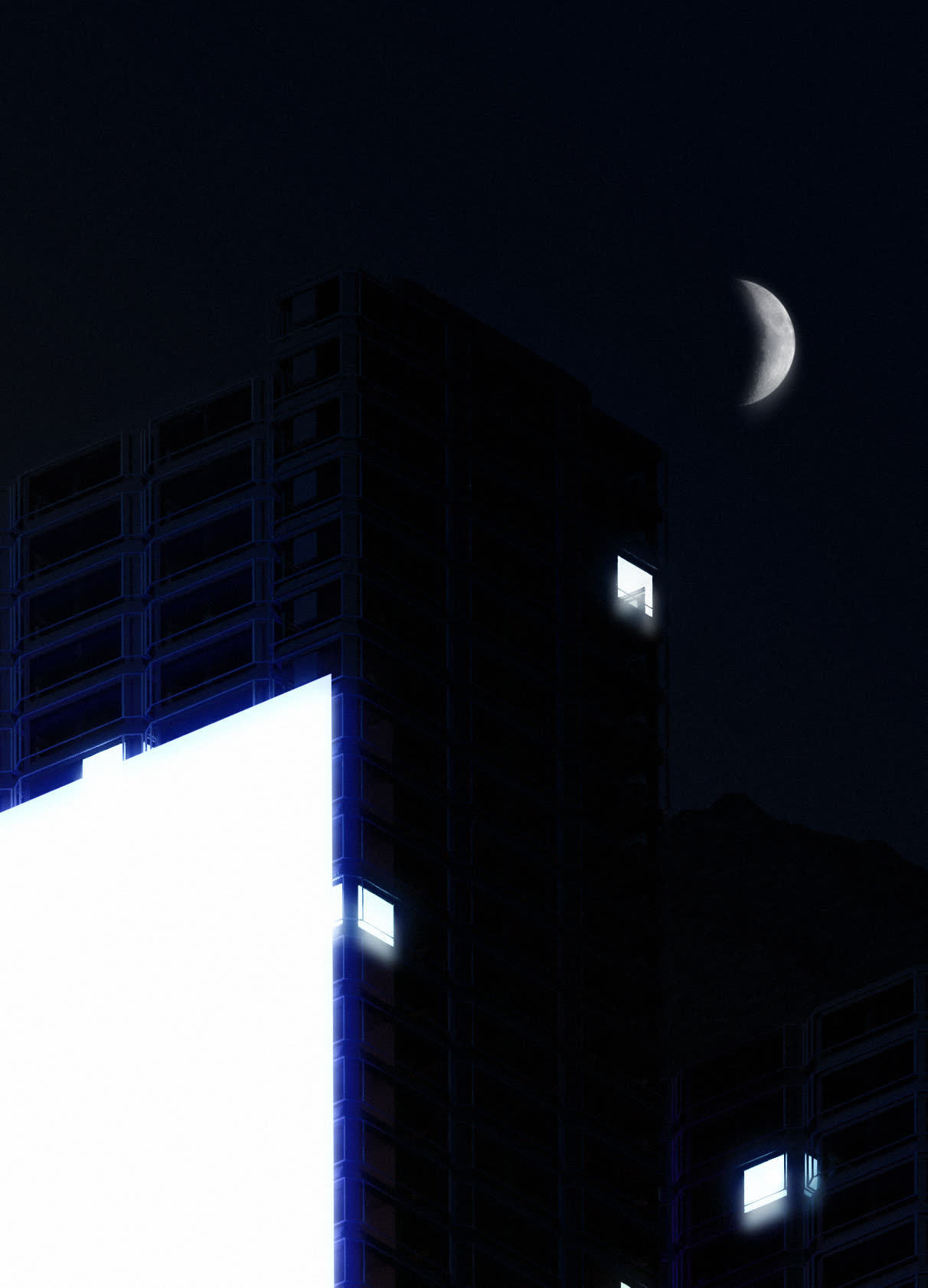 Skyscraper silhouette at night under a crescent moon