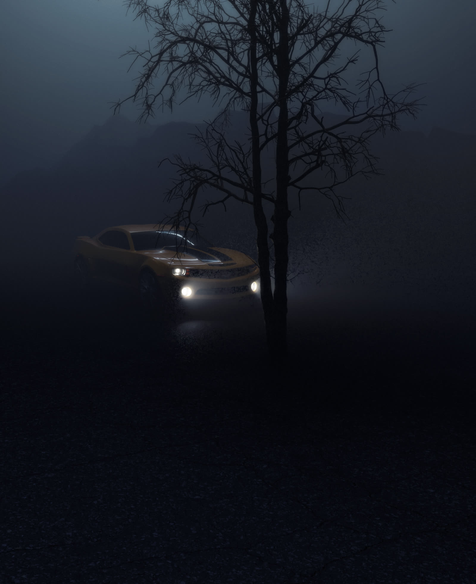 A yellow muscle car cutting through dense fog past a bare winter tree