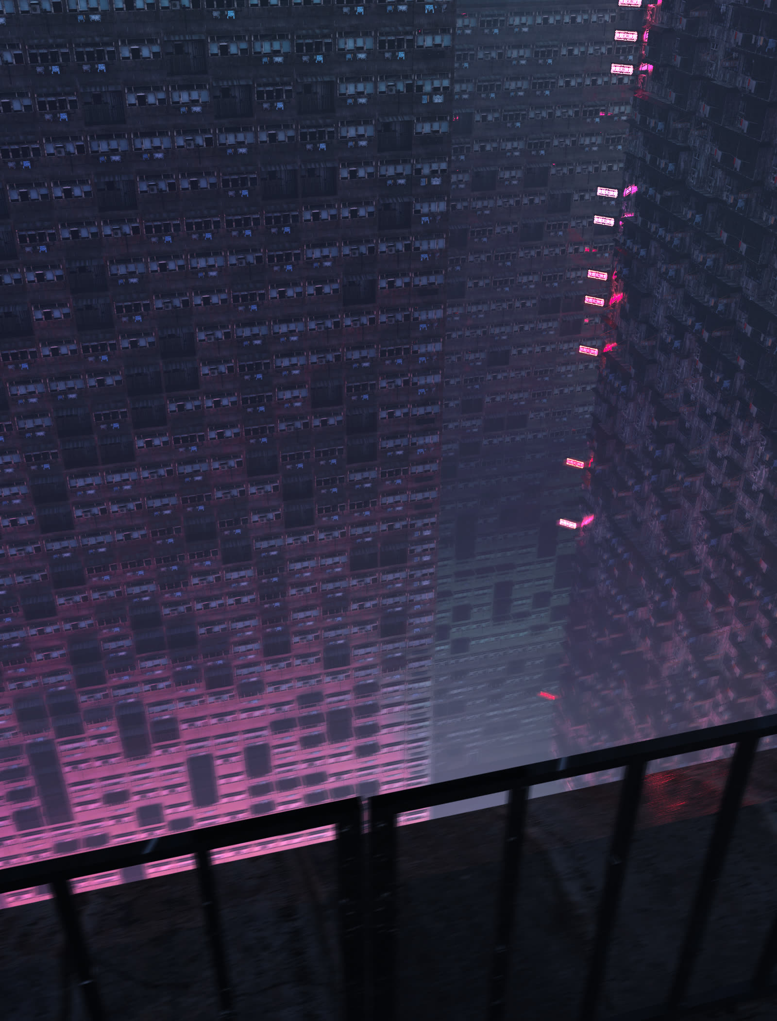 A close-up facade bathed in magenta light with red signal lamps lining the edge
