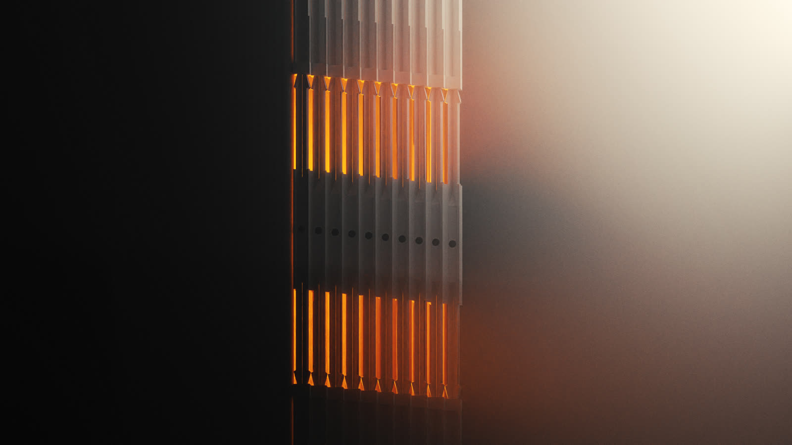 Towers rising into fog, one cut by a bright vertical seam of cyan light