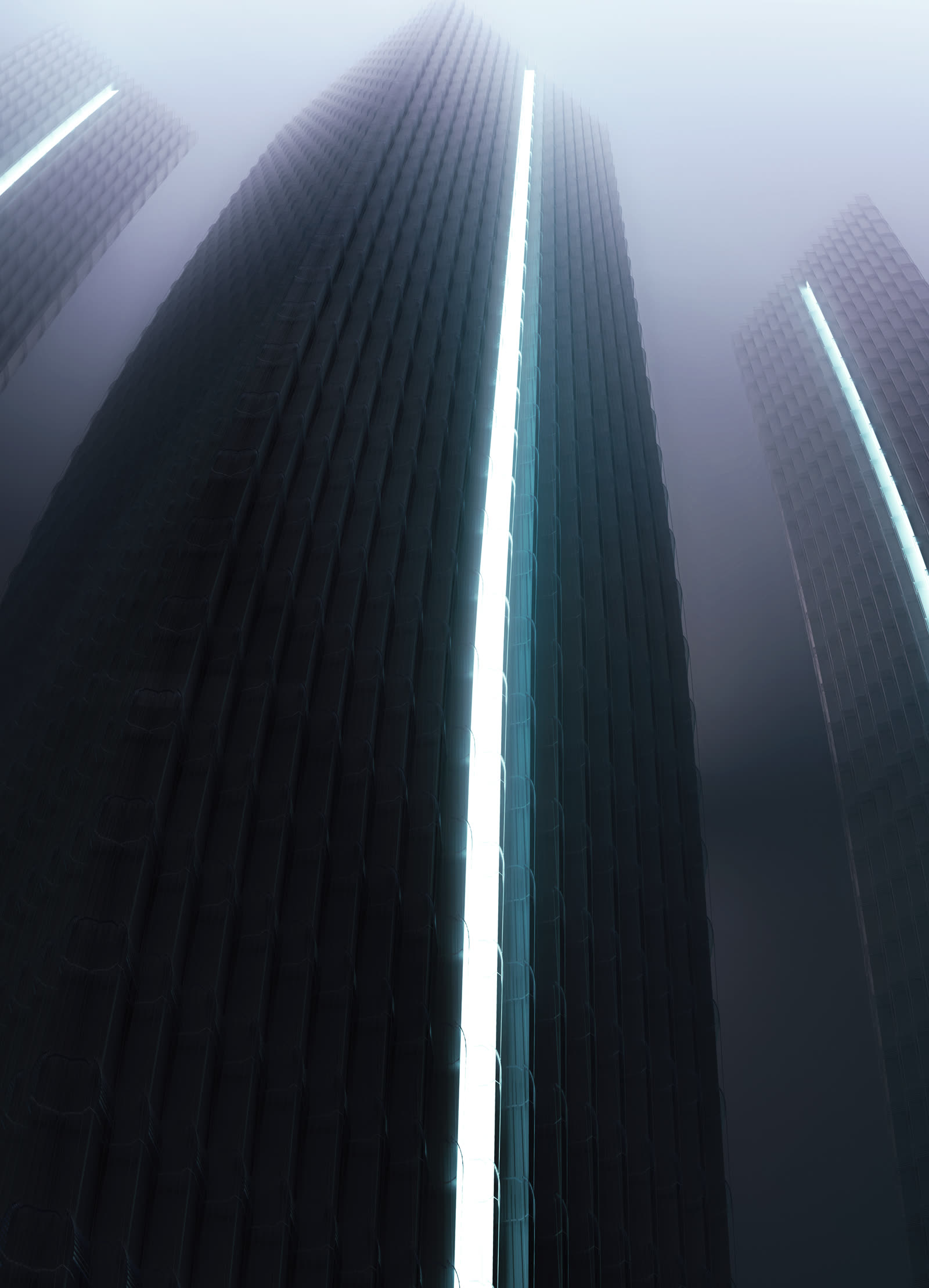 A cantilevered slab glowing amber against a dark tower facade
