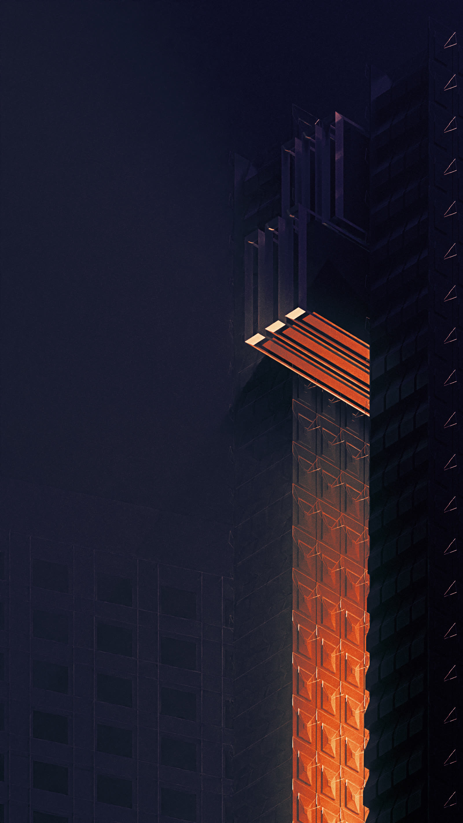 Two amber-lit balcony cutouts in a dark facade
