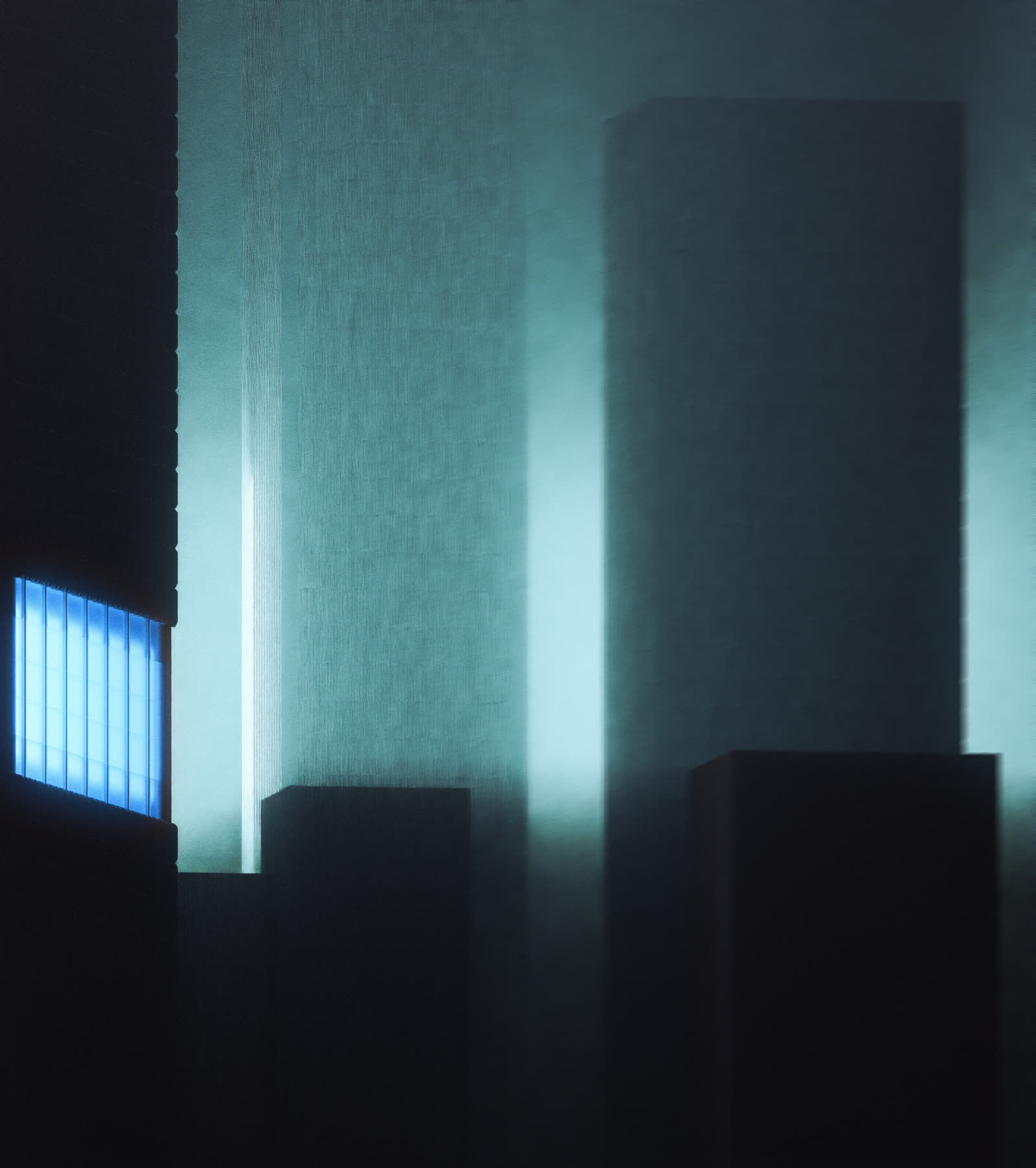Minimal towers dissolving into teal haze, with a single lit window