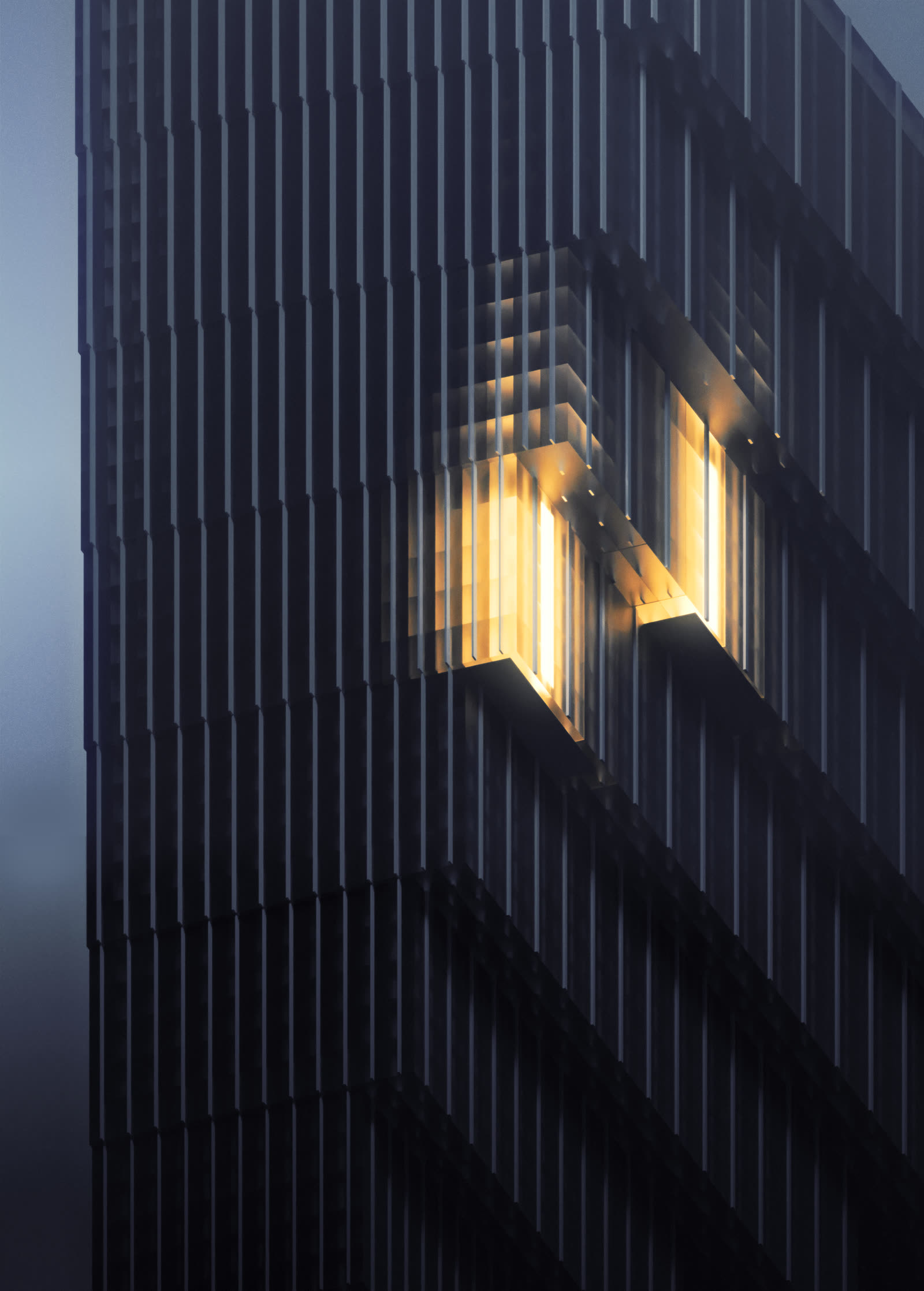A building facade with two glowing amber window openings