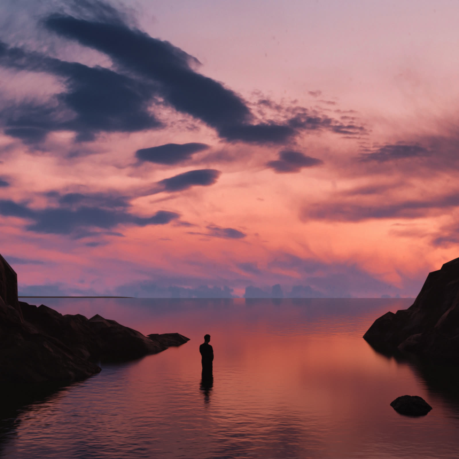 A figure standing waist-deep in still water under a pink and violet sunset