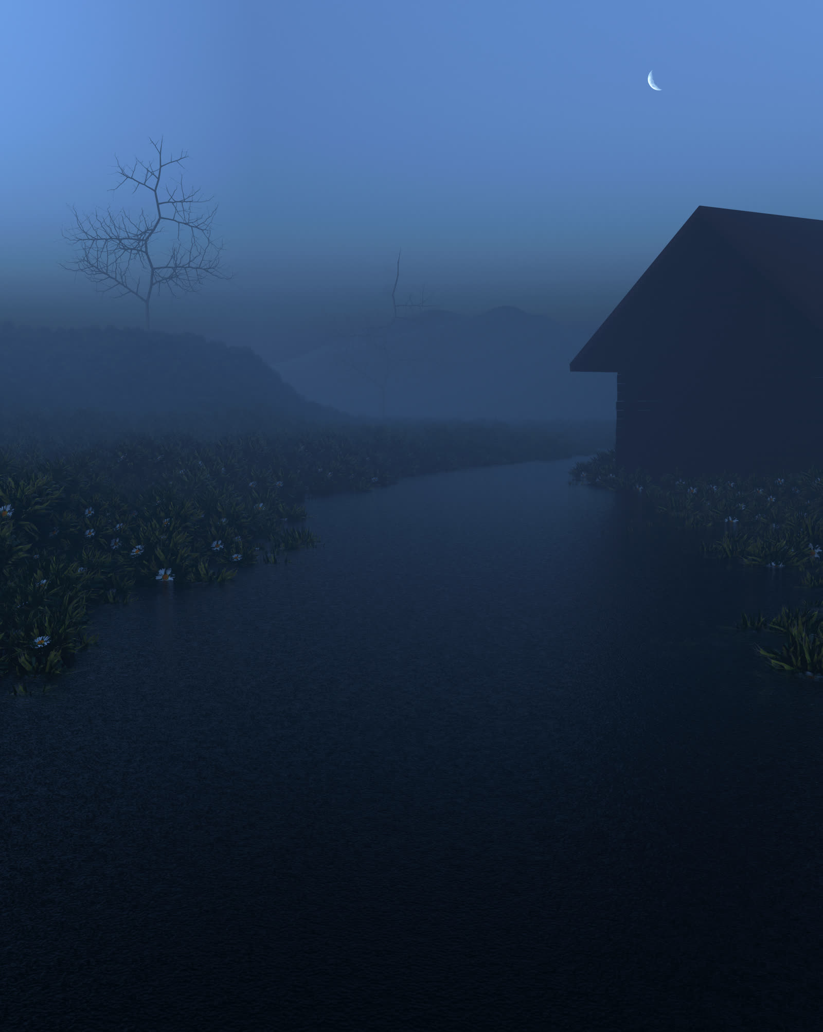 A foggy river scene with a bare tree, a house, daisies and a crescent moon