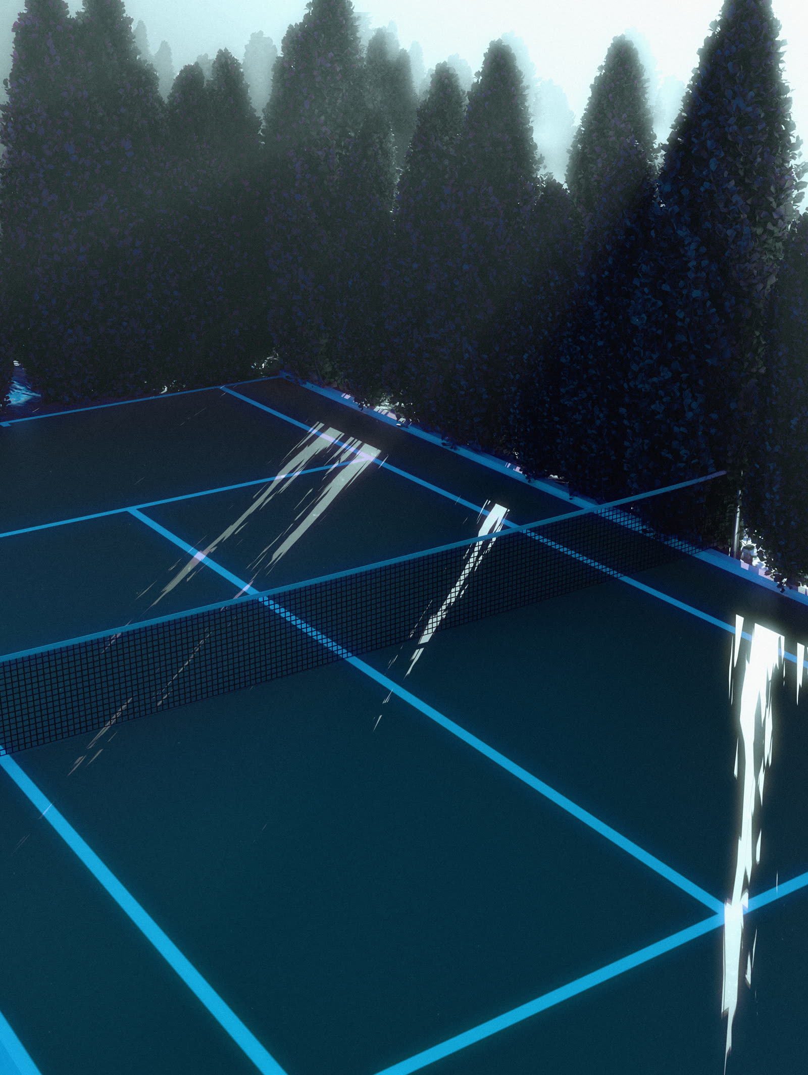 A floodlit tennis court at night with light streaks across the lines