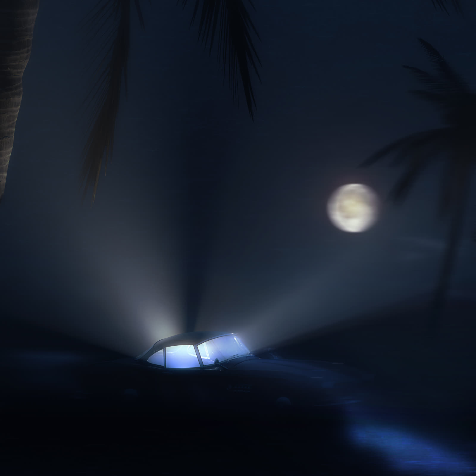 A vintage car glowing under palm trees beneath a full moon