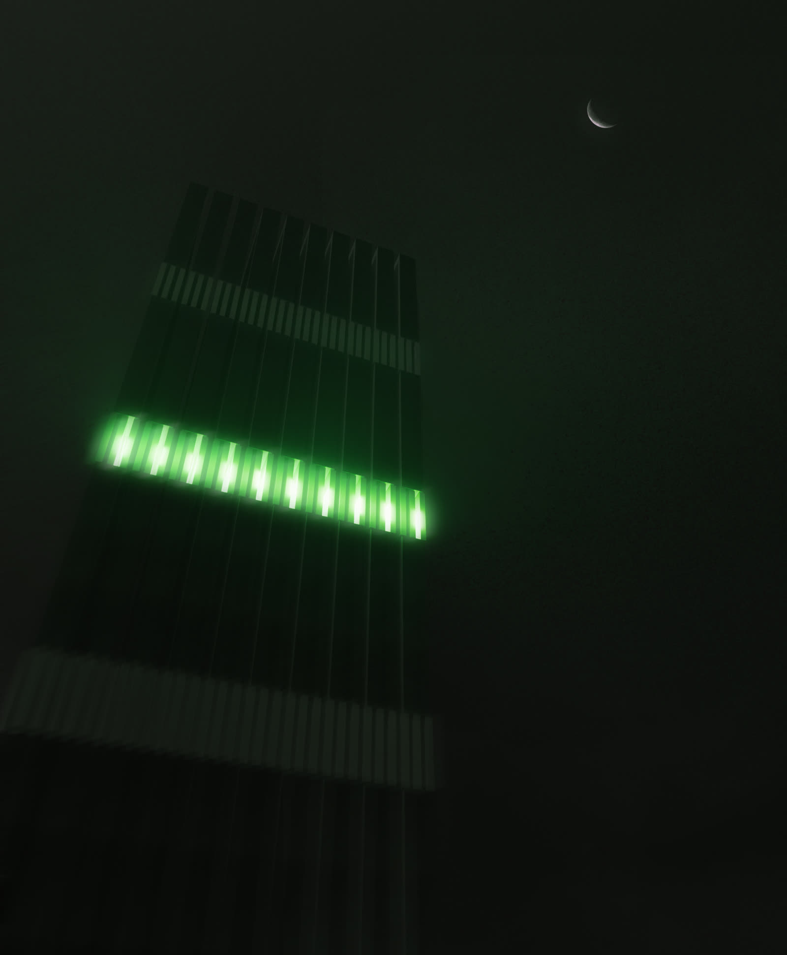A dark tower with a glowing green light strip under a crescent moon