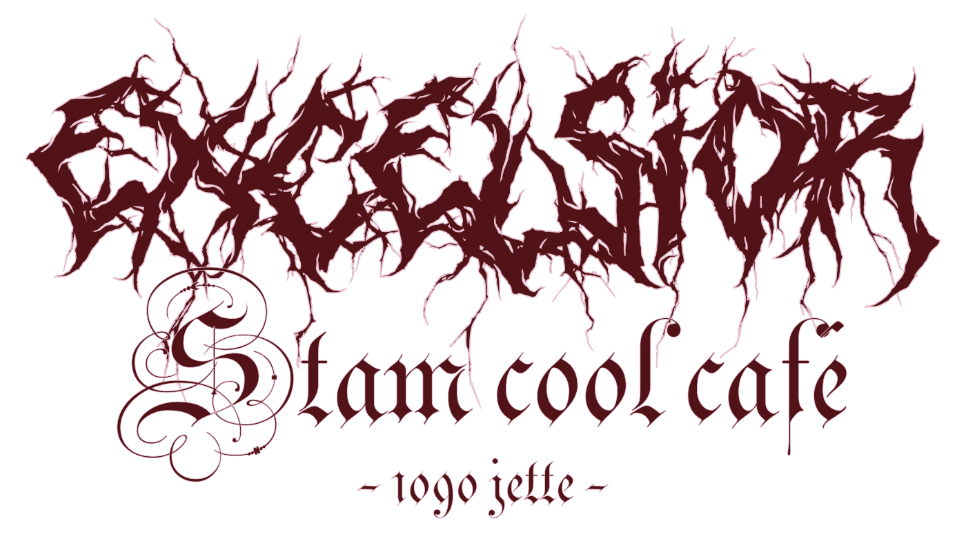 Halloween edition of the Excelsior! logo, in a metal-poster gothic lettering style, dark red on a light background