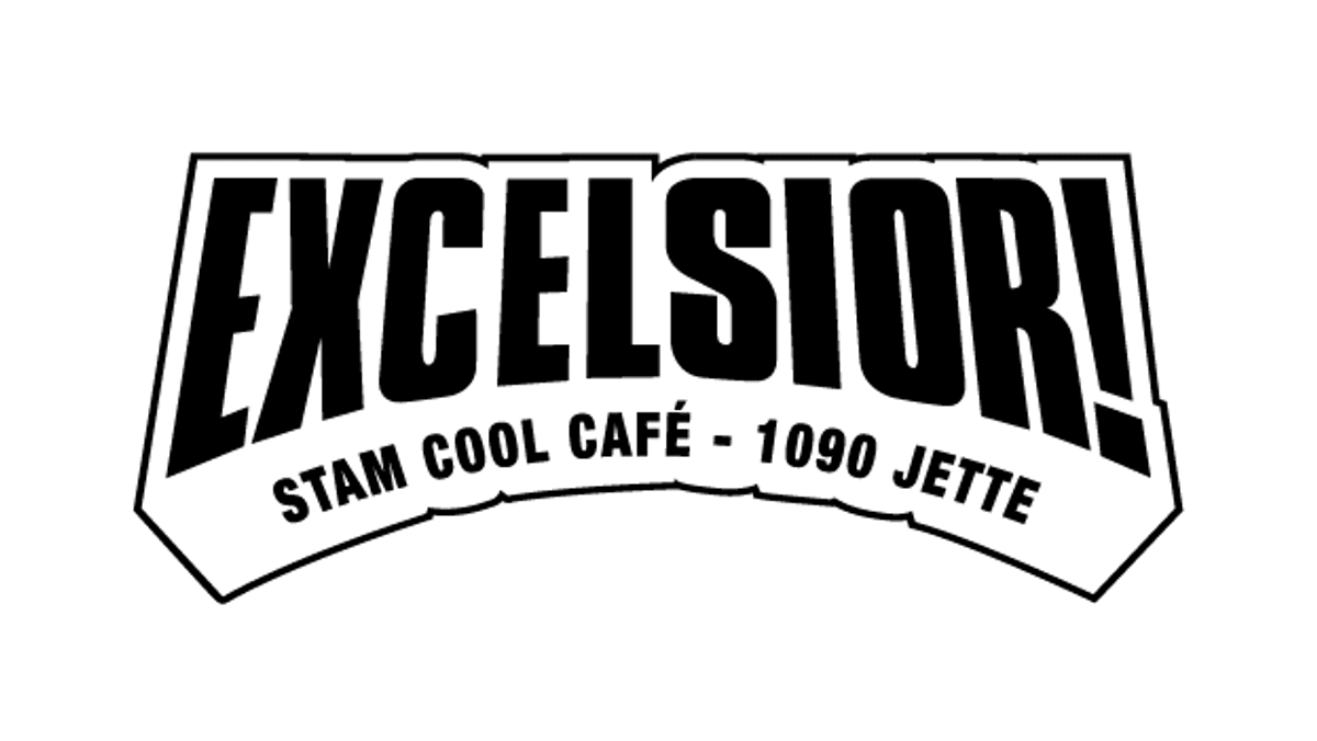 Original Excelsior! wordmark, black text on white with the tagline Stam Cool Café — 1090 Jette