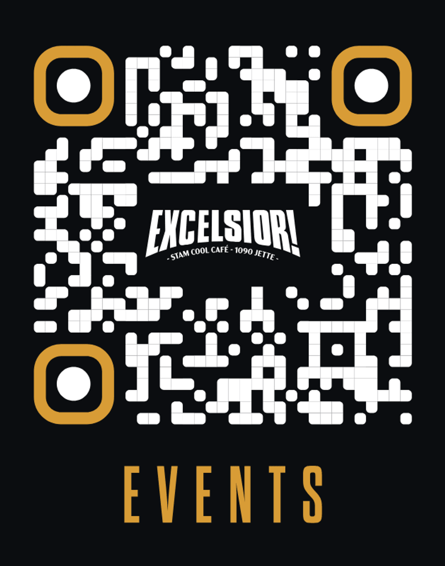 Draft QR code for the events calendar, gold on black with the Excelsior! logo