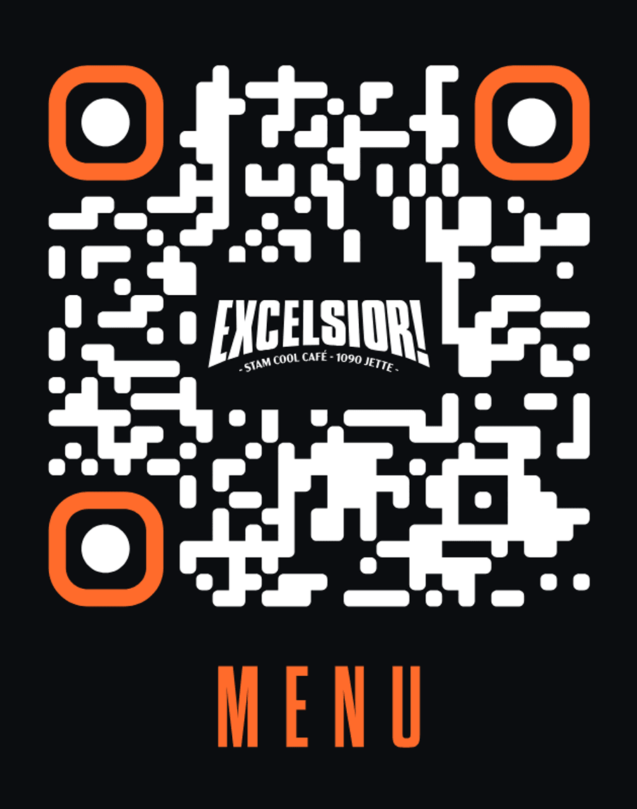 Draft QR code for the menu, orange on black with the Excelsior! logo