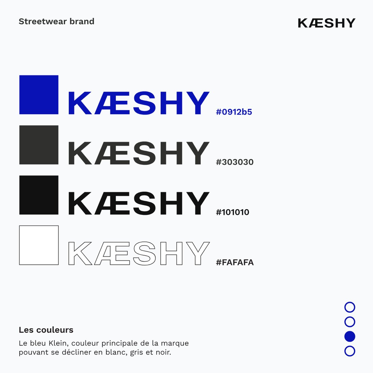 Kæshy colour palette — Klein blue, dark grey, black and off-white, each shown with the wordmark
