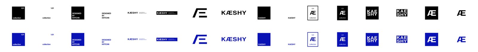 A row of Kæshy logo and lockup explorations in black and Klein blue, including the Æ monogram and collection labels