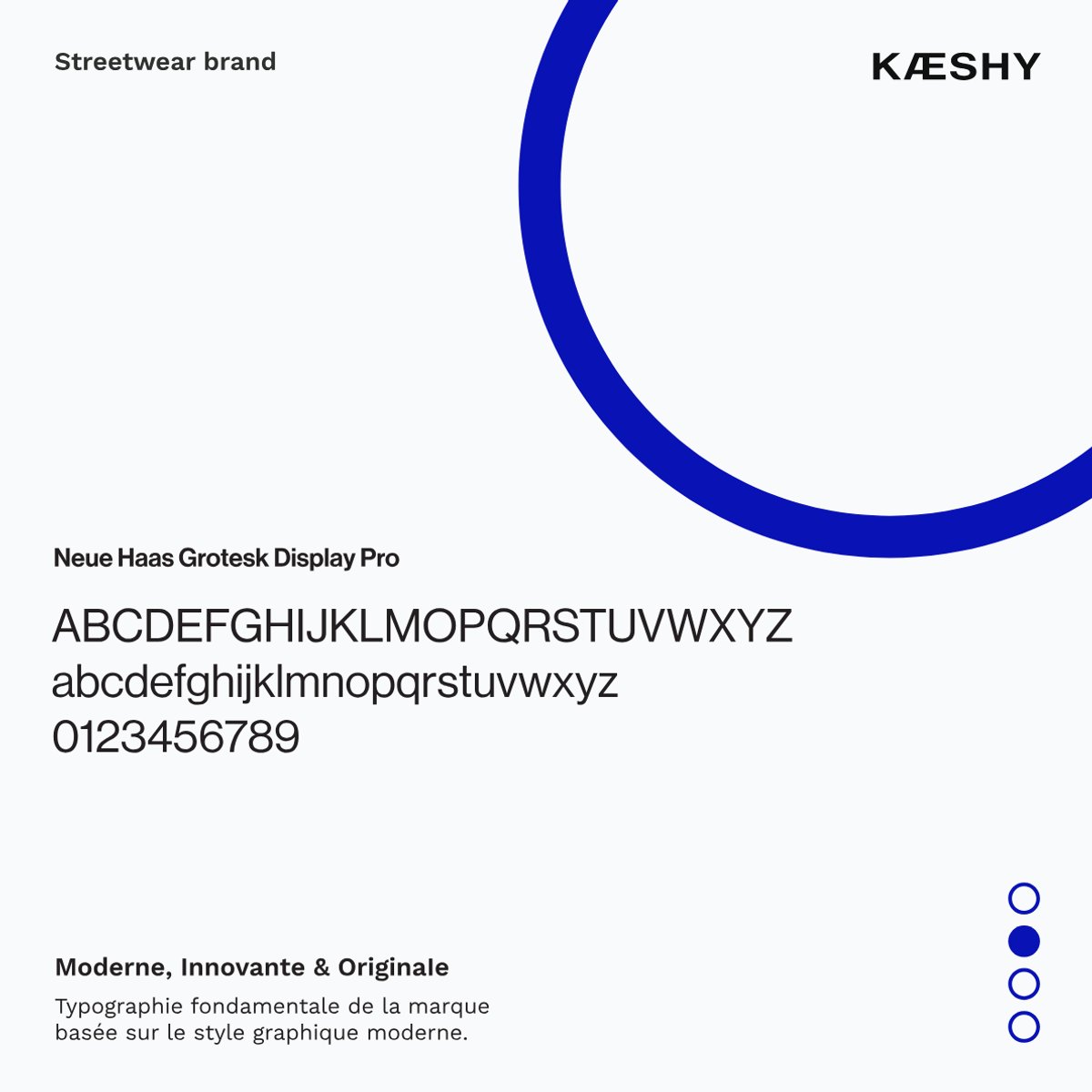 Kæshy typography specimen — Neue Haas Grotesk Display Pro, with the brand's arc graphic