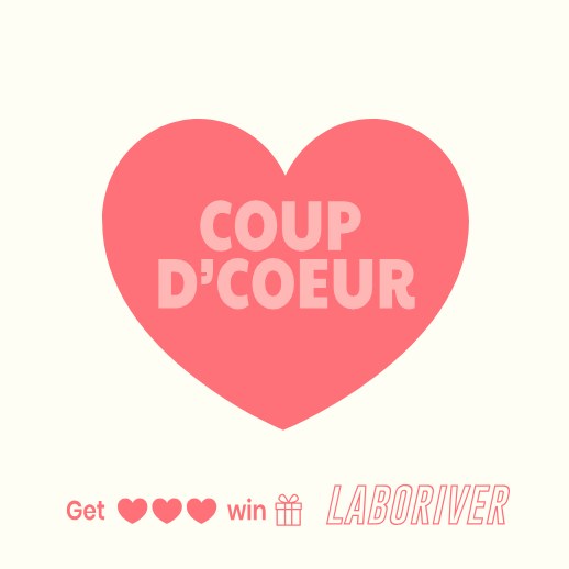 Coup de coeur card, a large coral heart on a cream background with a referral message