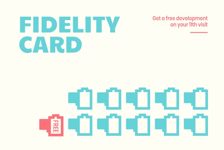 Fidelity card back, ten cyan film-roll stamps and one coral free-development stamp