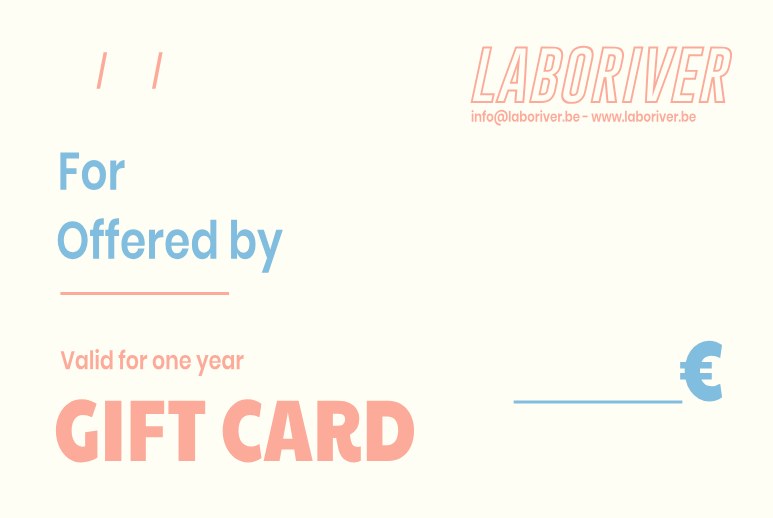 Gift card with fields for an amount, recipient and sender, outlined coral Laboriver logo on a cream background