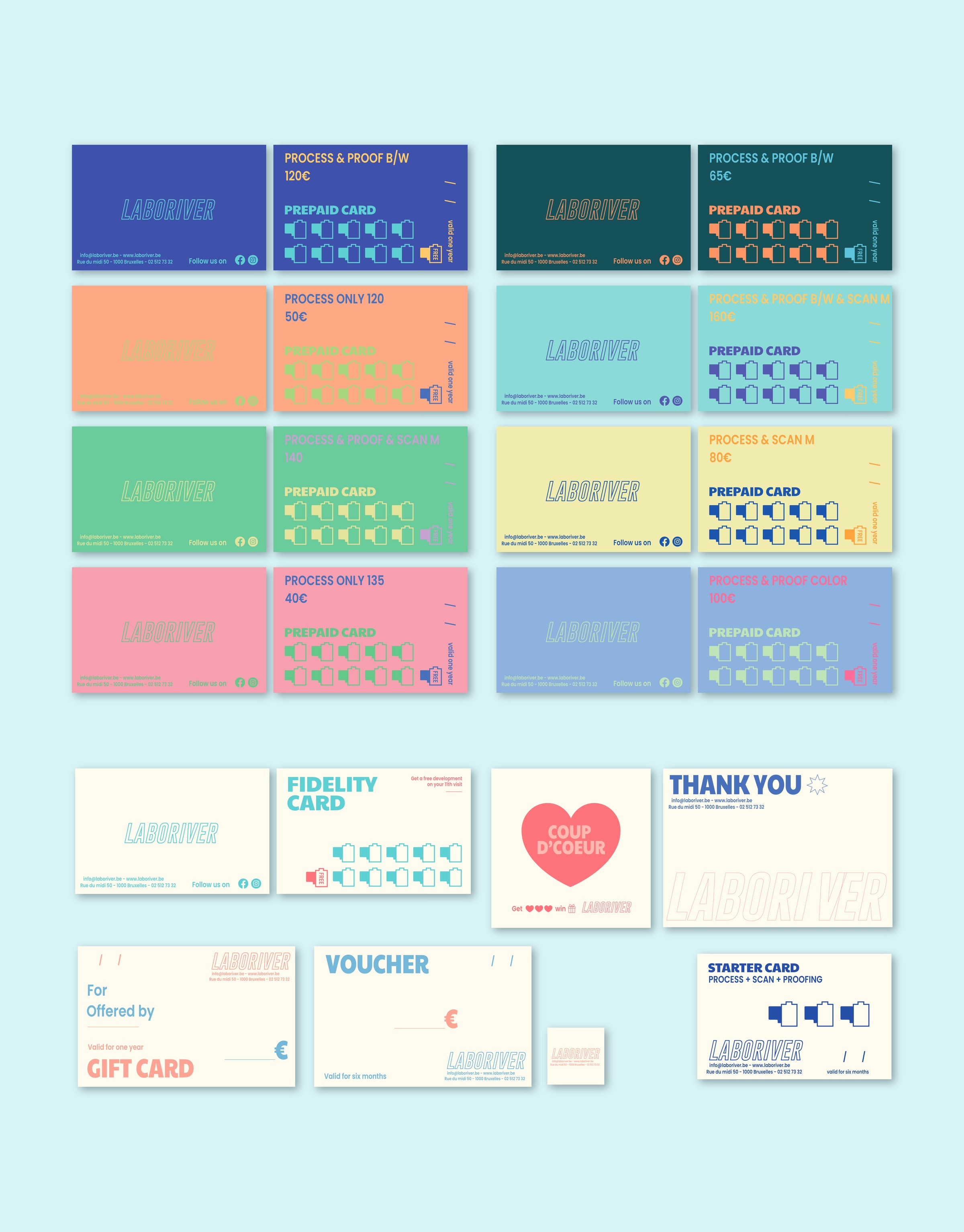 Full sheet showing the entire Laboriver card collection laid out together — eight colour-coded prepaid cards plus fidelity, gift, voucher and starter cards