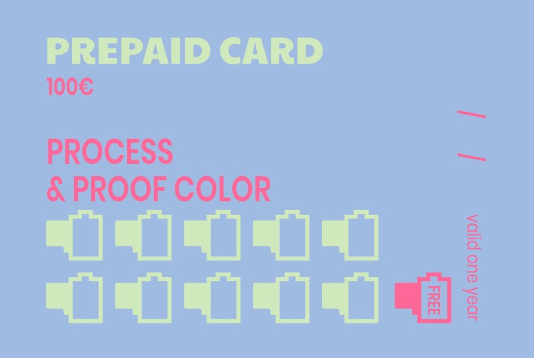 Prepaid card back, pink and green accents with details and visit stamps