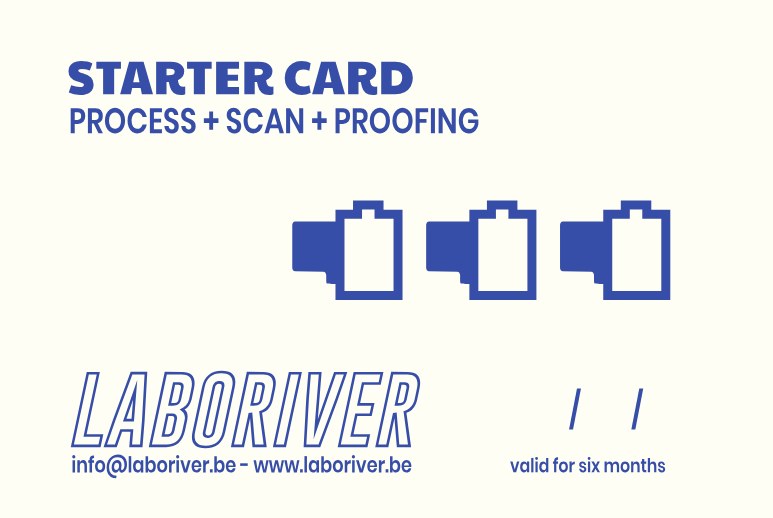 Starter card for process, scan and proofing, with three blue film-roll icons and an outlined Laboriver logo