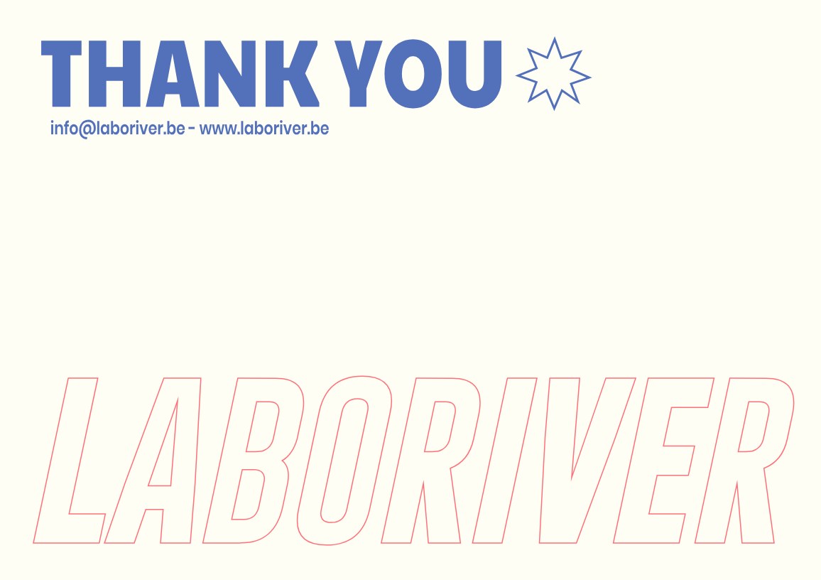 Thank-you postcard with contact details and a large outlined coral Laboriver wordmark on a cream background