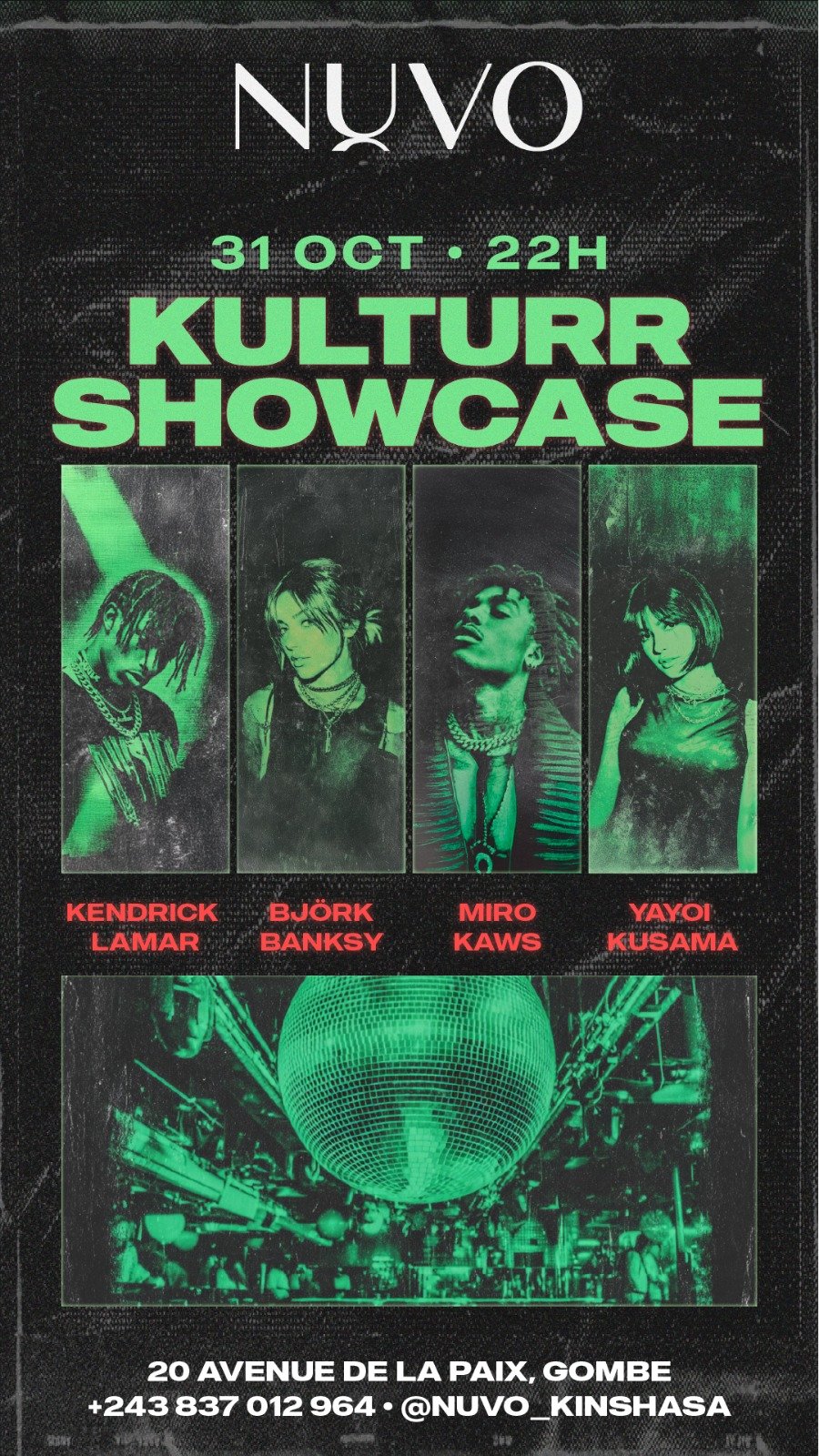 Green-toned Nuvo event poster for Kulturr Showcase, with four artist portraits and a disco ball photo