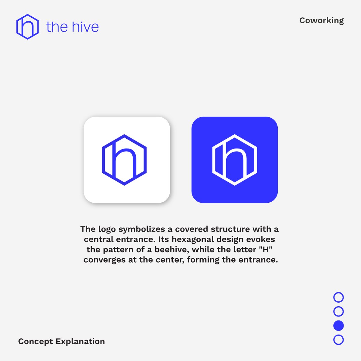 The hive logo concept explanation — the hexagon evokes a honeycomb cell, and the letter h converges at the centre to form the entrance