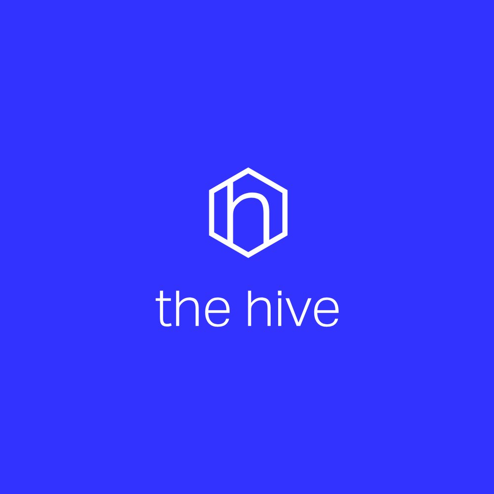 The hive logo on a bright blue background — a hexagonal outline with the letter h at its centre, with the wordmark below
