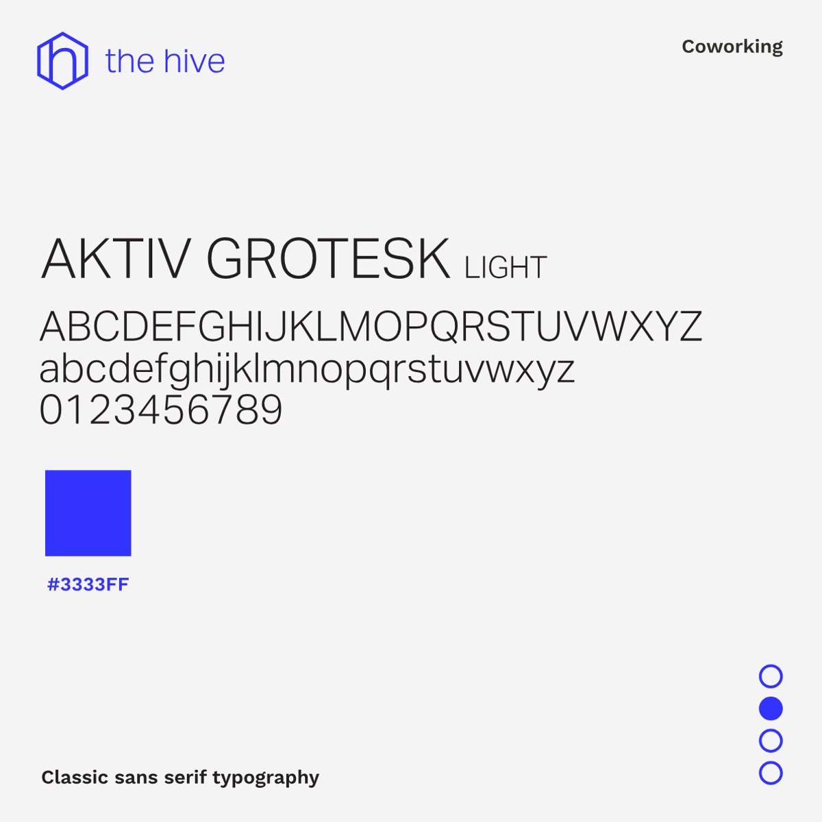 The hive typography and colour system — Aktiv Grotesk Light type specimen and the brand's blue swatch, #3333FF
