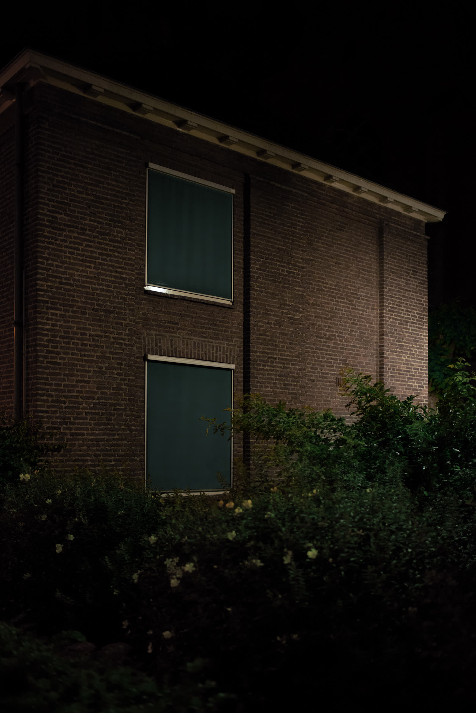 A brick house corner caught between hedges — two dark windows, one warm glow