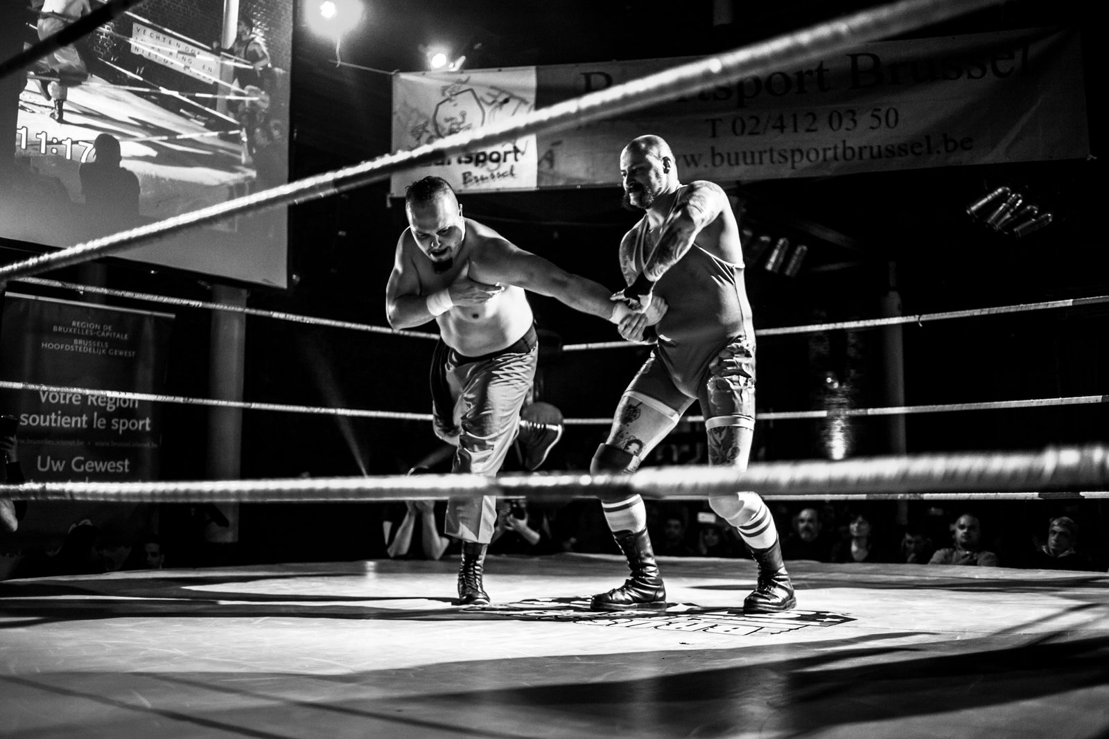 Wrestler under arena lights before the match, Brussels 2015